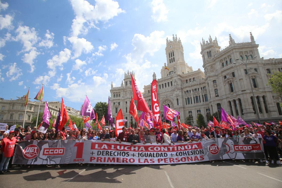 Manifestación del 1º de Mayo de 2019 a su paso por la Plaza de Cibeles