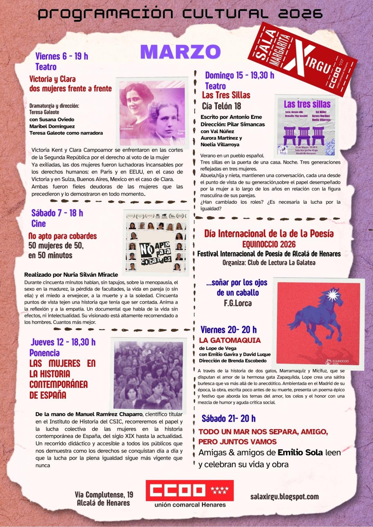 Cartel programación marzo 2026 sala Margarita Xirgu