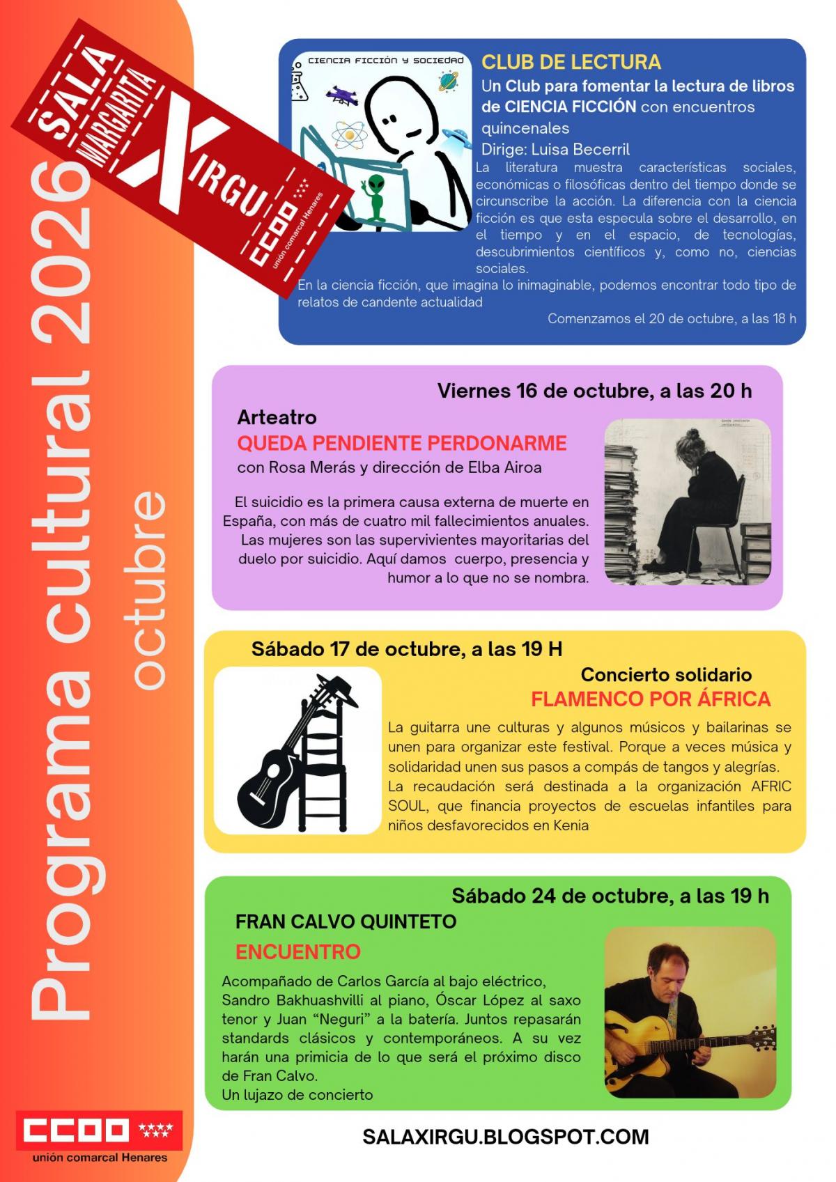 Programación de octubre 2026 de la Sala Margarita Xirgú de CCOO Henares