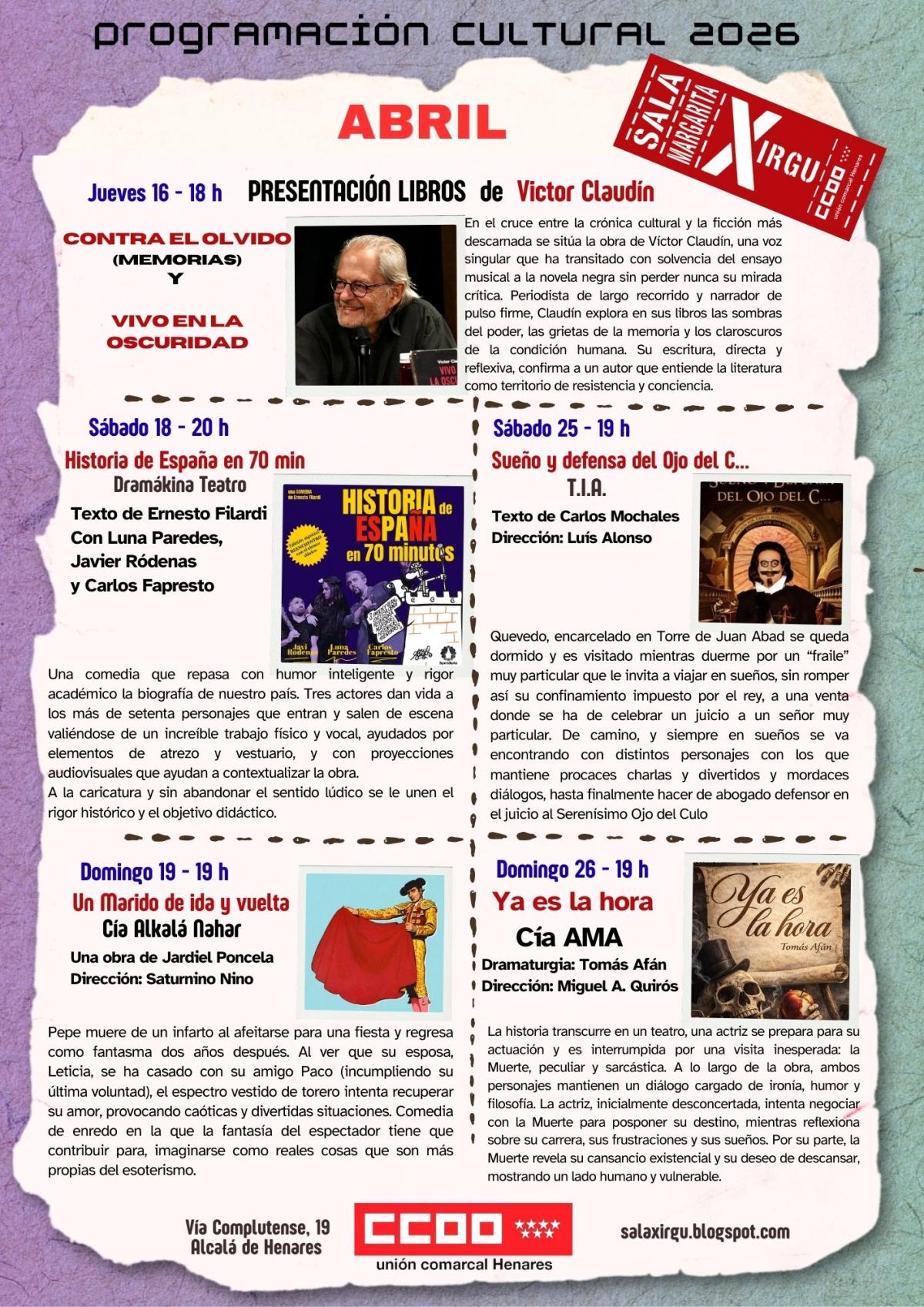 PROGRAMACIÓN -ABRIL 2026 SALA MARGARITA XIRGU DE CCOO