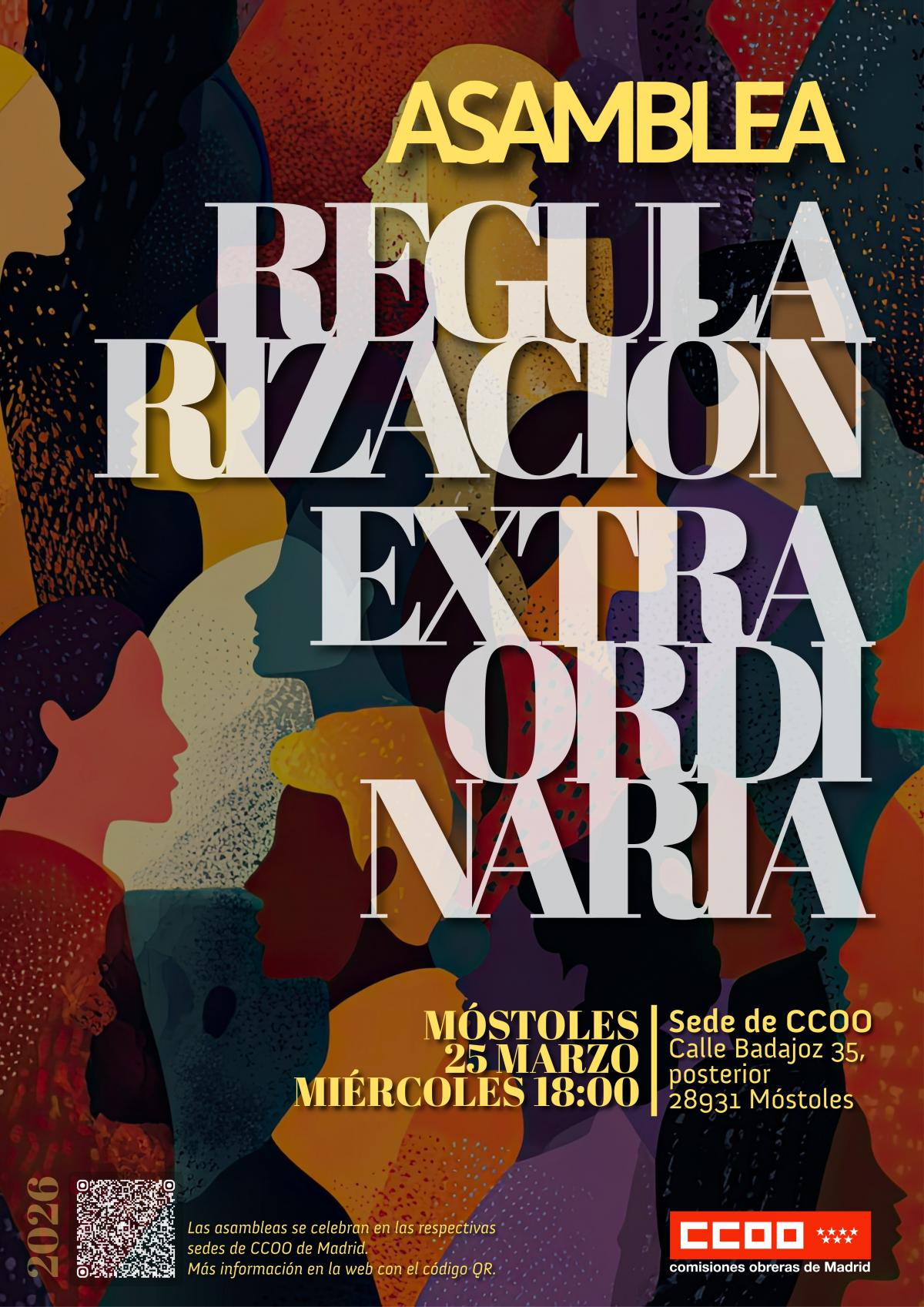 Cartel asamblea regularización extraordinaria en Móstoles