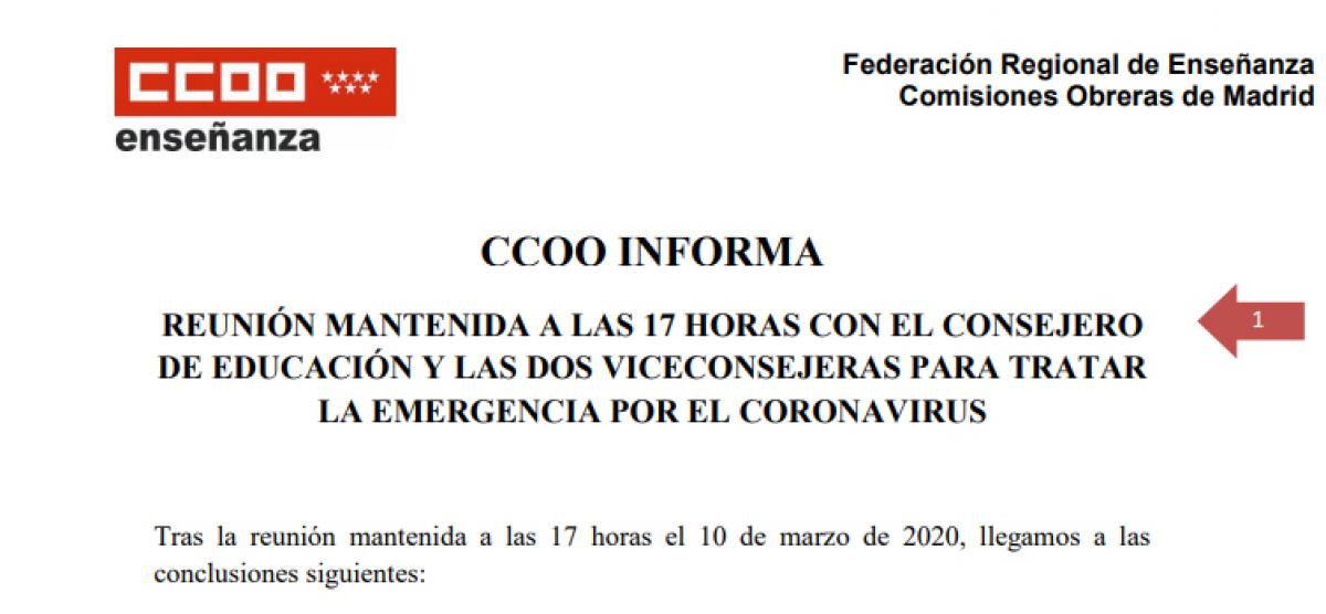 DOCUMENTO: Información de la reunión con el Consejero de Educación y las dos Viceconsejerías por la emergencia del coronavirus